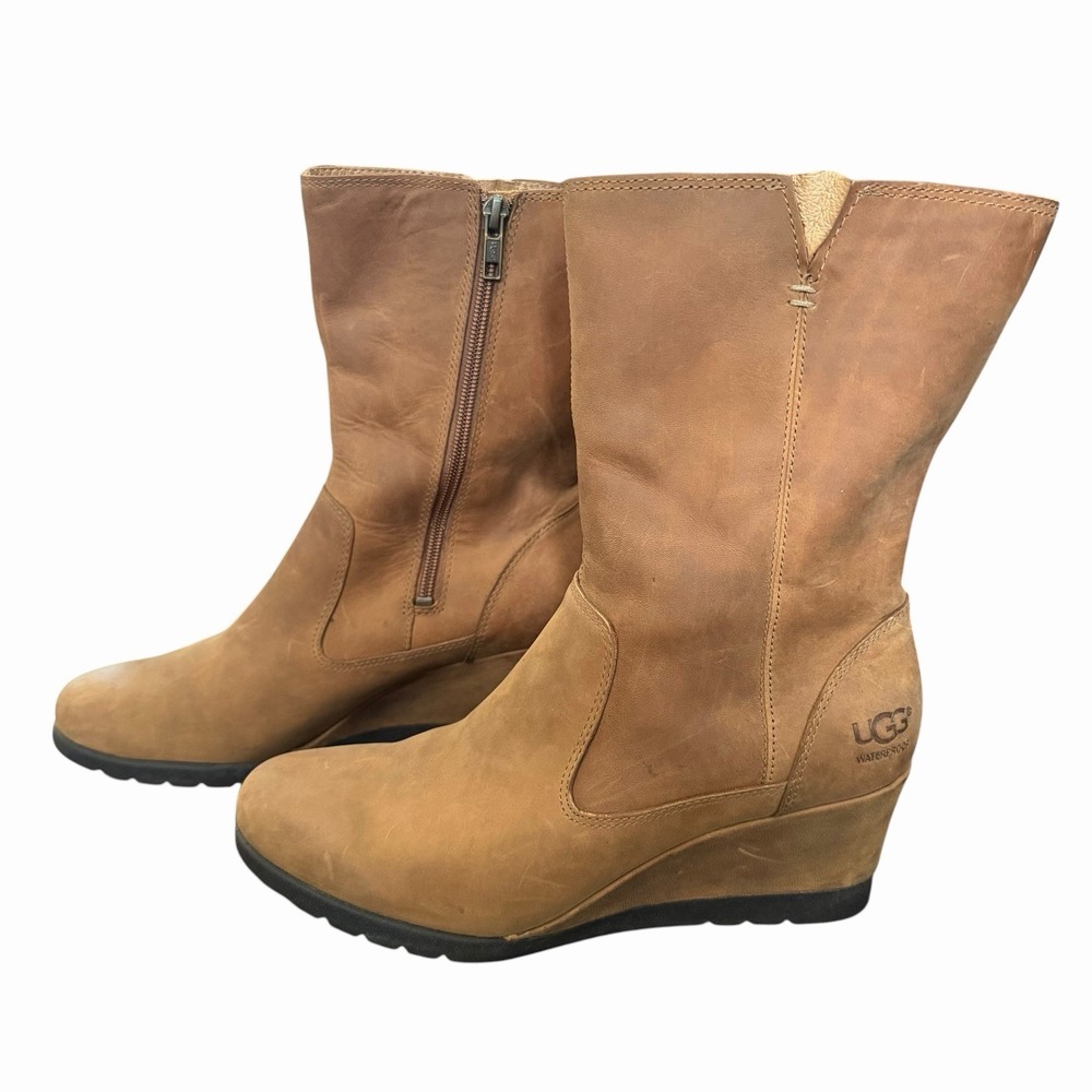 UGG Simmens Tan Waterproof Leather Wedge Mid-Calf Boots Womens 9 1012528